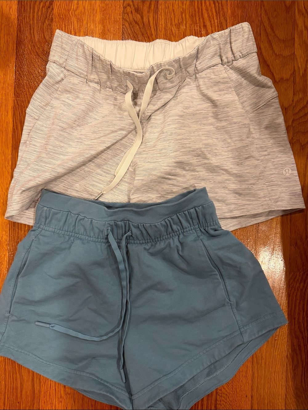 Lululemon Women’s Drawstring Active Shorts Blue and Light Gray, size 2 & 4